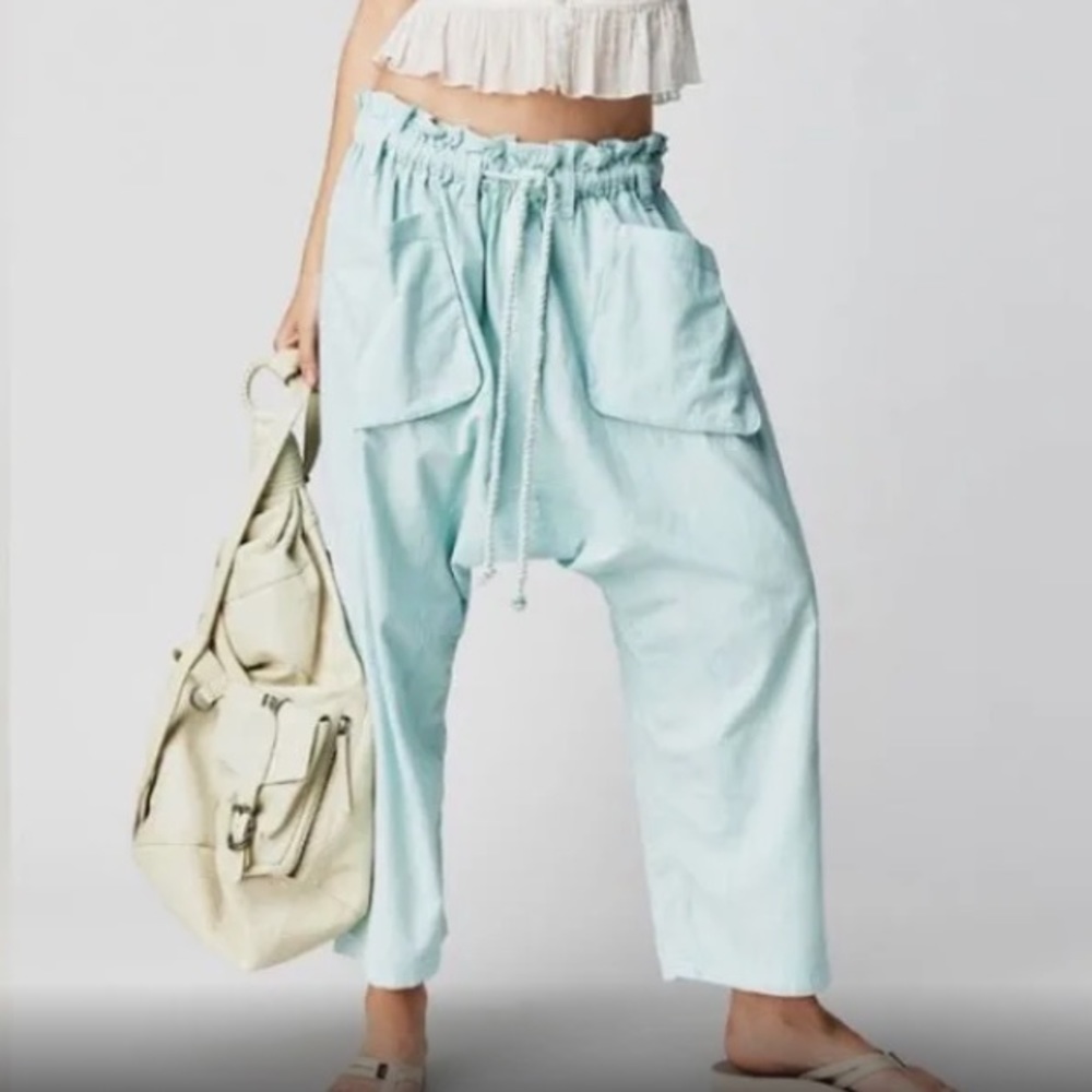 Free People Blue Cropped Ankle Pants with Paper-Bag Waist - Picture 1 of 5